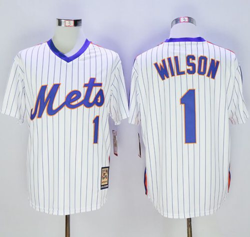 Mitchell and Ness Mets #1 Mookie Wilson Stitched White Blue Strip Throwback MLB Jersey - Click Image to Close